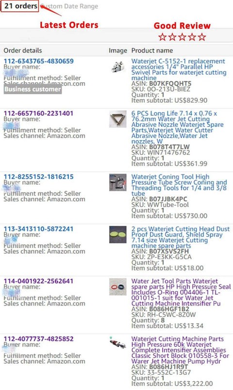 Waterjet spare parts Amazon orders screenshot showing multiple item thumbnails and 21 orders.