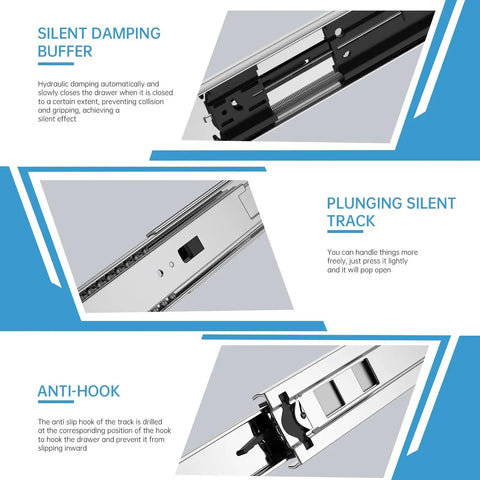 Close-up view of 22 Inch Heavy Duty Soft Close Drawer Slides With Full Extension Ball Bearing Design, 200 lb capacity, showing damping buffer and track
