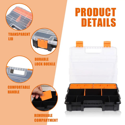 Four Piece Hardware Organizer Set With Three Different Sized Boxes For Bolts Screws Nails Nuts And Small Parts Built Tough In Black And Orange PP Plastic For Your Garage And Workshop with clear lid, lock buckle, handle, removable compartment.