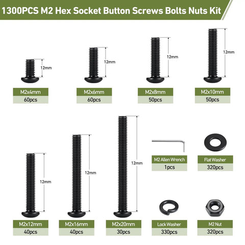 All In One M2 Fastener Set 1300Pcs Hex Socket Button Head Screws Nuts Bolts And Washers In 10.9 Grade Alloy Steel Black Oxide M2 4 6 8 10 12 16 20 Mm Includes Nuts And Lock Washers Heavy Duty Pro Grade Hardware Kit, M2 screws and washers sizes