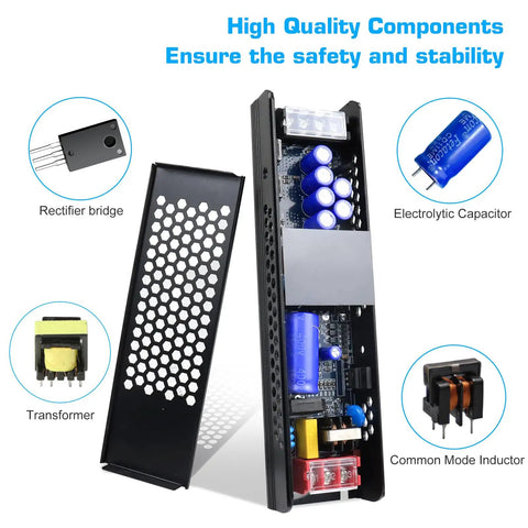 24V DC Power Supply 8.5A 200W Universal Regulated Switching Adapter components shown with open casing and labeled parts
