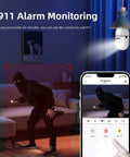 Front view of Dual Band Bulb Security Cam with 5G and 2.4G WiFi, 2K Clarity, spotlight on intruder, 911 alarm monitoring active.