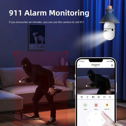 Front view of Dual Band Bulb Security Cam with 5G and 2.4G WiFi, 2K Clarity, spotlight on intruder, 911 alarm monitoring active.