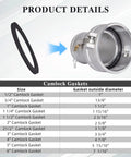 3 Inch Camlock Gasket Set, 5 Pack Buna N Seals For 3 Inch Cam And Groove Fittings shown with size chart and coupler