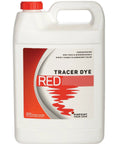 Front view of white plastic 1-gallon jug with red cap containing red tracer dye for leak detection (Amazon).