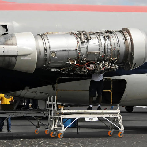 Aircraft engine removal with technician on ladder, showcasing detailed mechanics and structure, for maintenance.