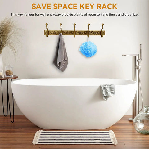 Space Saving Wall Mount Coat Rack With 5 Hooks And Key Holder, Vintage Aluminum Wall Mounted Rack in modern bathroom setting.