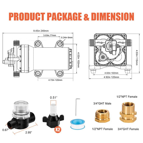 Diagrams and components of On Demand 110V Water Pressure Pump 5.5 GPM 70 PSI Self Priming Diaphragm Pump for RV and garden use.