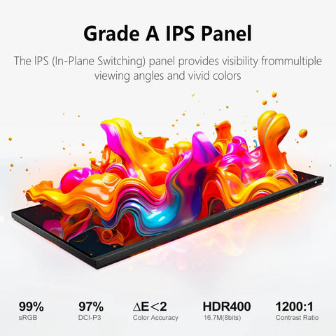 Colorful abstract paint splash on 40 Inch 5K Ultrawide Monitor For Laptop 21:9, 100Hz IPS Display, HDR400 panel illustration.