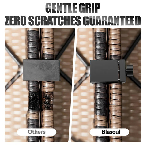 Comparison of Tough As Nails Heavy Duty Outdoor Furniture Clips for Wicker Patio Sets showing gentle, non-scratch grip.