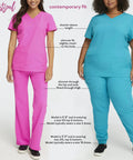 Two women wearing contemporary fit scrub sets, one in pink size XS, the other in turquoise size 2XL, illustrating slim fit differences.