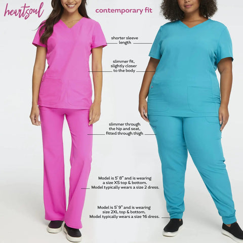 Two women wearing contemporary fit scrub sets, one in pink size XS, the other in turquoise size 2XL, illustrating slim fit differences.