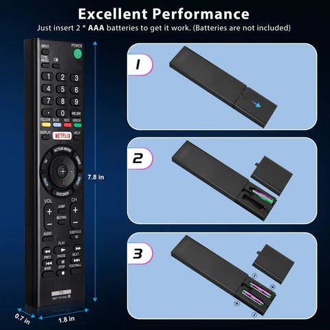 Universal Remote Replacement For Bravia Smart LCD LED HDTVs With Netflix Shortcut Buttons showing battery insertion steps