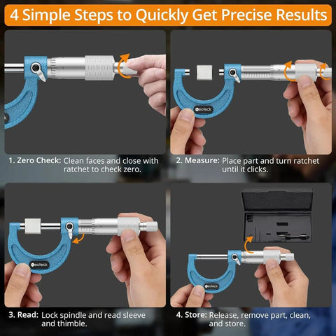 Steps to use Pro Grade 0 To 1 Inch Outside Micrometer With 0.0001 Inch Resolution Carbide Tipped Anvils Anti Glare Graduations.