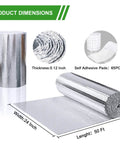 Heavy Duty Aluminum Radiant Barrier Insulation Roll 24 By 50 Feet showing product dimensions and self-adhesive pads.