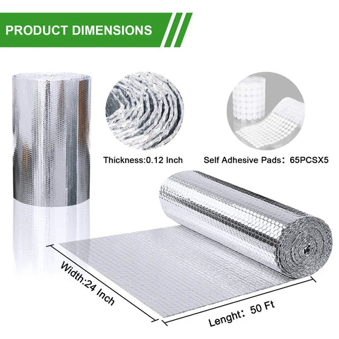 Heavy Duty Aluminum Radiant Barrier Insulation Roll 24 By 50 Feet showing product dimensions and self-adhesive pads.