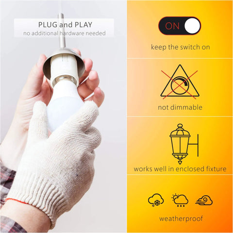 Dusk To Dawn Outdoor LED Bulbs With Built In Photocell Sensor, No Wiring Needed, 13W 100W Equivalent, close-up of bulb in hand