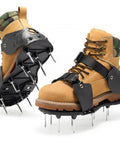 Pre Assembled Lawn Aerator Shoes With Heavy Duty Spikes For Easy Yard Aeration No Hassle Ready To Use Straight Out Of The Box Fits Men Size 6 To 14 For All Grass Types displayed on brown boots