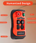 Orange wireless overhead crane remote controller with silicone buttons and status LEDs (front view)