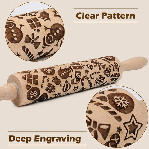 Christmas Themed Embossed Rolling Pin For Baking Cookies With Snowflake And Snowman Designs Wooden Engraved Springerle Style Dough Roller For Patterned Clay Pottery And Ceramic Projects Super Fun For Home Bakers And Kids.