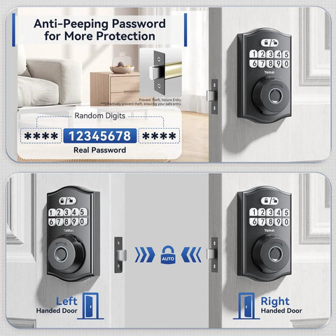 AI Fingerprint Door Lock With Built-In WiFi And Keyless Entry For Front Door, Smart Home Ready, Matte Black, showing left and right door installation.