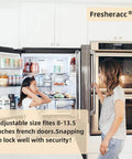 Woman and child in kitchen near open fridge with No Drill No Screw No Adhesive Fridge Lock For Kids, Adjustable French Door Guard visible