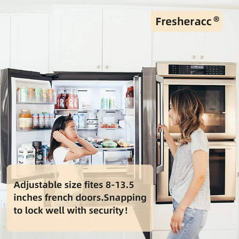Woman and child in kitchen near open fridge with No Drill No Screw No Adhesive Fridge Lock For Kids, Adjustable French Door Guard visible