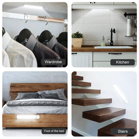 Ultra Thin 66 LED Under Cabinet Lights With Motion Sensor USB Rechargeable 9 Inch 2 Pack in wardrobe, kitchen, bedroom, stairs