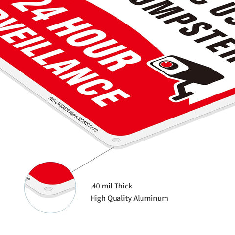 Close-up of Heavy Duty 14X10 Inch No Dumping Signs 2 Pack Of Rustproof Aluminum with 24 Hour Video Surveillance detail.