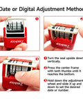 Slick Adjustable Received Date Stamp For Offices And Businesses Straight Up Reliable Two Color Ink With Blue Text And Bold Red Dates Easy To Reset Up To Thirteen Consecutive Years Built Tough For Daily Mailroom Hustles And Quick Paperwork Sign Offs, showing adjustment method steps.