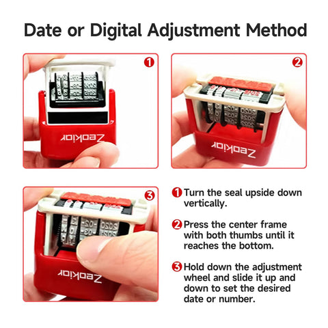 Slick Adjustable Received Date Stamp For Offices And Businesses Straight Up Reliable Two Color Ink With Blue Text And Bold Red Dates Easy To Reset Up To Thirteen Consecutive Years Built Tough For Daily Mailroom Hustles And Quick Paperwork Sign Offs, showing adjustment method steps.