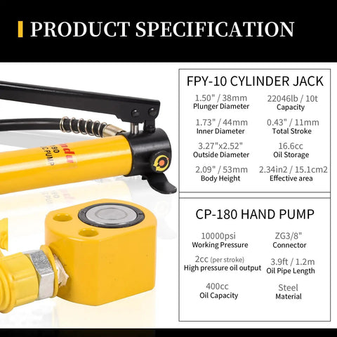 10 Ton Low Profile Hydraulic Porta Power Kit Featuring Single Acting Ram Cylinder Paired With A 400Cc Manual Hand Pump For Heavy Lifting And No Sweat Shop Repairs