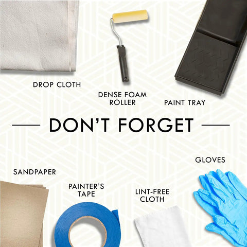 Painting tools including drop cloth, foam roller, paint tray, sandpaper, tape, cloth, gloves for Specialty Dry Erase Brush-On Paint Kit White