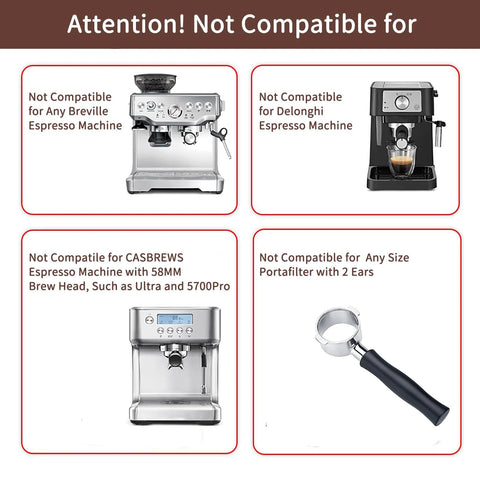 51mm portafilter collage shows not compatible notes for Breville, Delonghi, CASABREWS and a 2-ear portafilter.