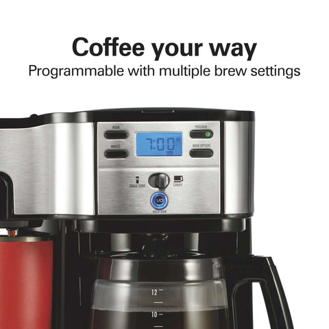2 Way Programmable Coffee Maker With Single Serve And 12 Cup Glass Carafe Black With Stainless Steel Accents brew settings display