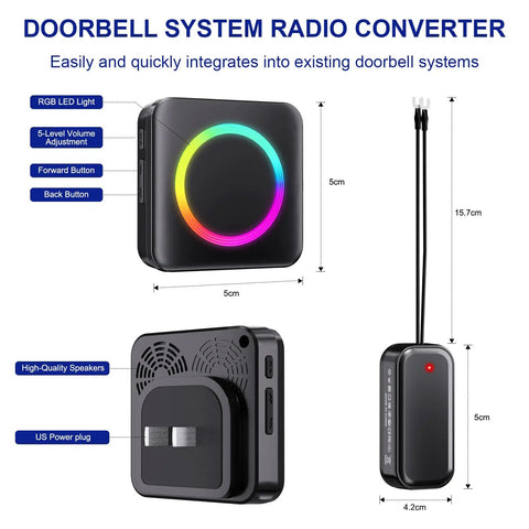 Wireless Doorbell Chime Extender Kit For Video Doorbell Systems showing dimensions and features like RGB LED and volume buttons.