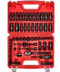 96 Piece 3/8 Inch Drive Impact Socket Set With Wrench And Bits, SAE 5/16 To 3/4 And Metric 8 To 22 MM, CR-V Steel in red case.