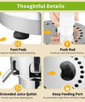 Super Cool 550W Electric Stainless Steel Centrifugal Juicer Machine For Fresh Fruit And Vegetable Juice Extraction With Auto Pulp Separator and details on foot pads, push rod, juice outlet, and feeding port.