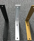 Set Of Two Heavy Duty L Corner Braces, Straight Up Solid Wall Mounted Floating Shelf Supports, Rugged Metal Triangle Hardware in black, white, and gold.