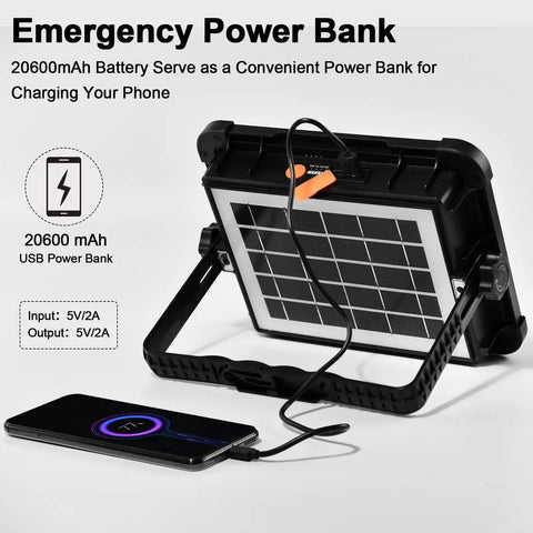 Portable LED Work Light With Solar Power 200W Bright, 20600mAh Battery as power bank charging phone