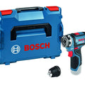 12 Volt Flexi Click Cordless Drill Driver With Magnetic Bit Holder Offset Angle Adapter Compact Bare Tool next to blue carrying case.