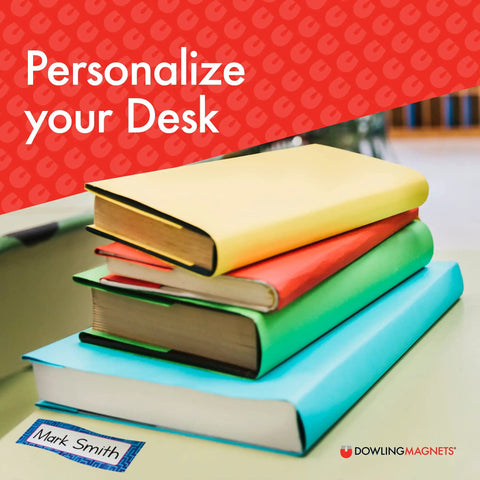 Stack of colorful books with Magnetic Name Plates For Desks And Classrooms Reusable Dry Erase Name Tags showing 'Mark Smith'