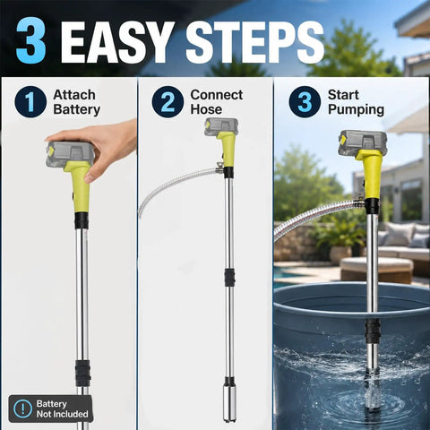 Cordless Stick Water Transfer Pump Roams Free Without Power Cords And Sniffs Out Standing Water Fast assembly steps with battery and hose.