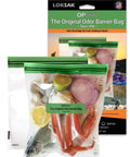 Odorproof Dry Bags For Backpacking And Camping Storage, Reusable Resealable 9x10 Inch Two Pack with food inside, sealed in bag.