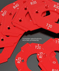 Hella Precise Router Corner Jig Radius Template Set R10 To R60 heavy duty aluminum jigs in red for precise edge trimming.