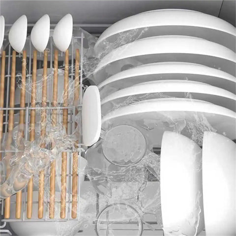 Top Notch Compact Countertop Dishwasher With High Temp Wash And Rapid Air Dry Tech Designed For Tiny Apartments While Crushing Daily Grease Without Breaking A Sweat showing clean plates and utensils.