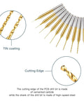 Close-up of 10 Pcs Micro Drill Bit Set 0.2mm to 1.1mm With 1 Eighth Inch Shank Spiral Flute CNC Router Bits, TIN coating detail.