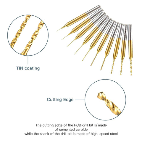 Close-up of 10 Pcs Micro Drill Bit Set 0.2mm to 1.1mm With 1 Eighth Inch Shank Spiral Flute CNC Router Bits, TIN coating detail.
