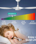 Stylish 52 Inch White Ceiling Fan With Three Blades And Built In Light Featuring Slick Finish Hella Powerful Airflow Quiet Operation Remote Control For Cool Living Space Vibes demonstrating quiet operation with girl sleeping.