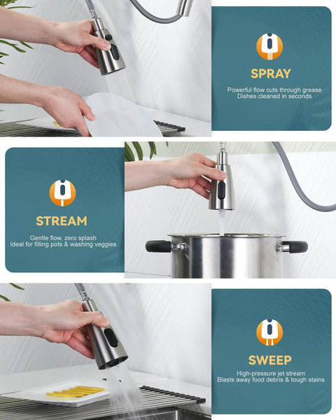 High Arc Single Handle Brushed Nickel Kitchen Faucet With Pull Down Sprayer And Deck Plate 304 Stainless Steel Lead Free Modern Design displaying spray, stream, and sweep modes
